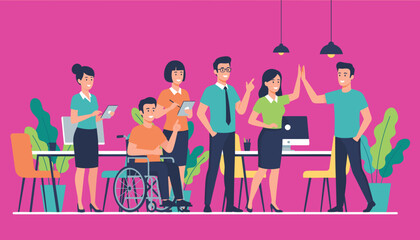 Diverse successful business team collaboration in a modern office setting including disabled colleague