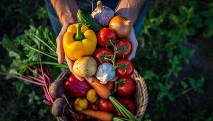 Hands holding a basket overflowing with fresh organic farm fresh vegetables and produce showcasing healthy eating and a bountiful harvest healthy eating