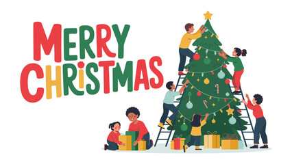 Holiday Cheer and Togetherness: A heartwarming scene unfolds as a group of people gather around a Christmas tree, decorating it with ornaments and lights.