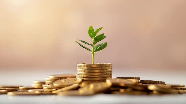 Small Green Plant Growing on Stack of Golden Coins with Scattered Money Background