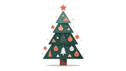 Festive Evergreen: A vibrant illustrated Christmas tree stands adorned with a star, ornaments, and geometric designs, radiating the holiday spirit.