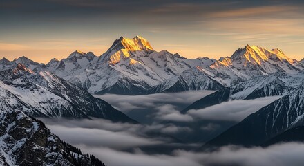 Snowy mountain peaks at sunrise