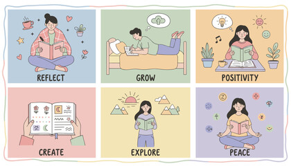 Cute illustration showing selfimprovement concepts reflect grow positivity create explore and peace