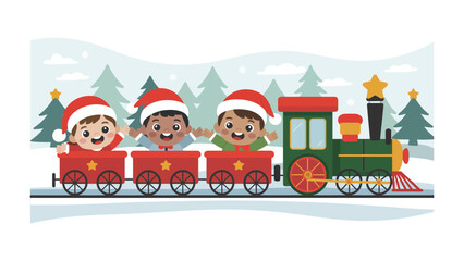 Christmas Joyride: Cheerful children in festive attire embark on a whimsical train journey, spreading holiday cheer amidst a backdrop of winter wonder. 