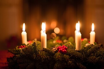 Advent Wreath with Burning Candles on Evergreen Branches - Christmas Tradition