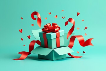 Open Gift Box with Ribbon and Hearts - Celebration and Surprise Concept