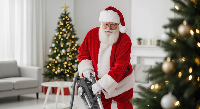 Santa Claus vacuuming in a modern living room with Christmas tree, for Christmas home decor, festive advertising, and holiday promotions
