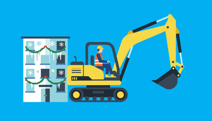 Construction worker drives excavator near a winterdecorated building Holiday labor concept