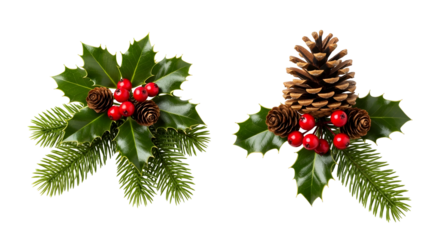 Beautiful Holly and Pine Cone Christmas Decorations on a White Background