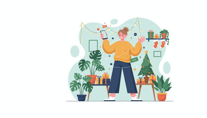 Happy woman using a phone app to control smart holiday lights while decorating her home