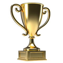Golden Trophy Award with Two Handles on a Pedestal Isolated on Black Background with Subtle Reflections
