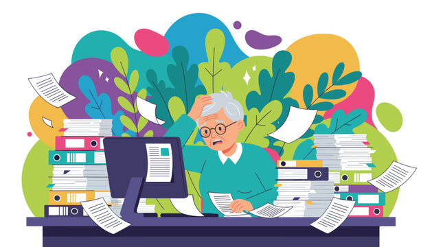 Stressed senior overwhelmed by mountains of paperwork folders and documents in a chaotic office