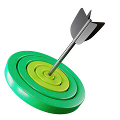 Green concentric target with arrow in bullseye isolated on white background with studio lighting