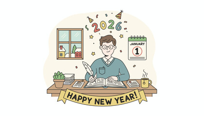 2026 New Year planning Man writing resolutions on January 1st with a quill Cartoon illustration