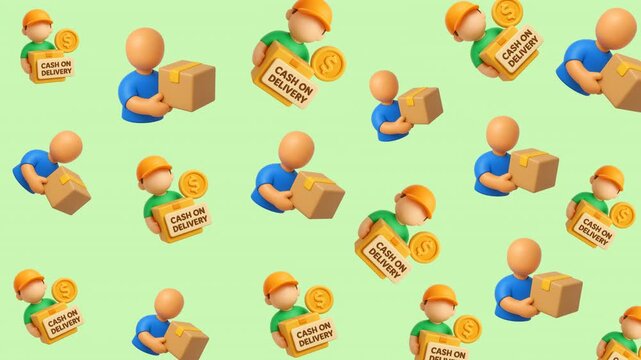 Doodle shopping pattern with cash on delivery illustrations on light green background. Perfect for ecommerce websites, ads, and promotional materials.