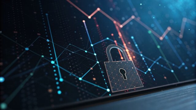 A digital illustration featuring a padlock symbol overlaid on a data visualization background, representing cybersecurity and data protection.