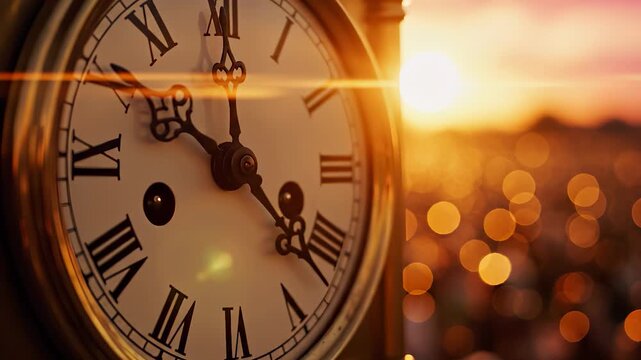A vintage clock displays the time as the sun sets in the background, casting a warm glow over the scene. The clock's Roman numerals stand elegantly against the vibrant sunset.