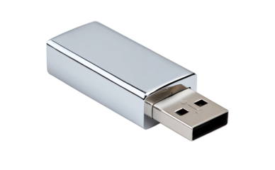 Silver and white U S B flash drive isolated on a transparent background