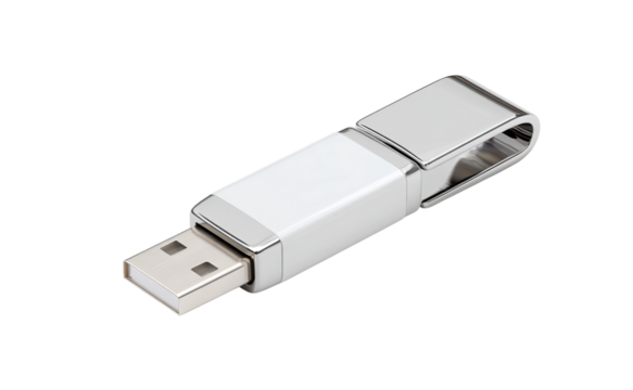 White and Silver U S B Flash Drive isolated on a transparent background