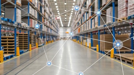 A spacious warehouse interior with shelving units, stacked pallets, and a network graphic overlay, suggesting connectivity and logistics efficiency.