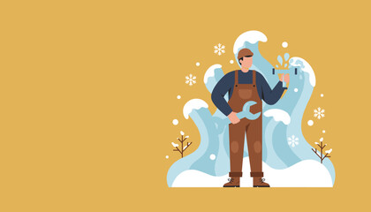 Plumber fixing a burst water pipe emergency during winter weather Home maintenance service concept