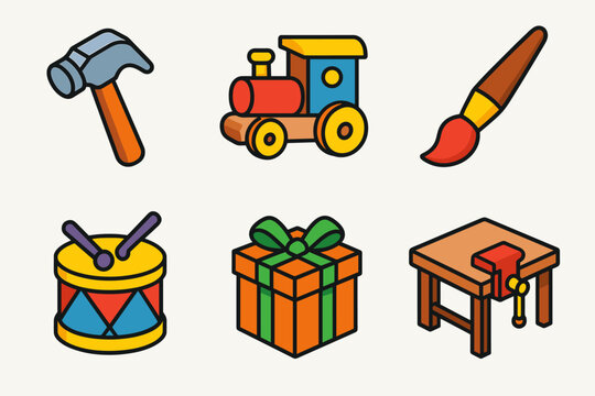 Elf Workshop Icons. Toy Workshop Elves flat icons: hammer, wooden train, paintbrush, toy drum, gift box, workbench.