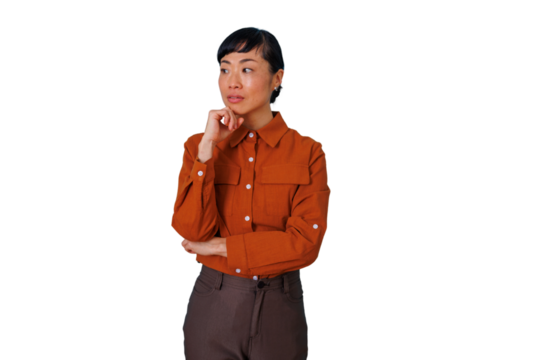Asian woman thinking, contemplating, or looking for an idea, hand on chin, isolated on a transparent background - Powered by Adobe