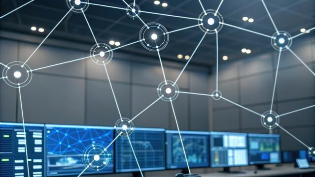 A digital interface showcasing interconnected networks and data visualization in a modern workspace.