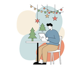 Man using tablet at a festive table with Christmas decorations illustration