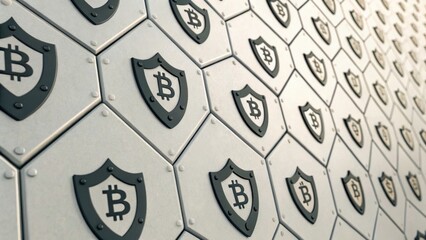 A textured wall featuring hexagonal patterns with shields displaying the Bitcoin logo, representing cryptocurrency security and technology.