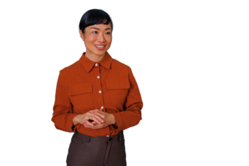 Confident asian businesswoman smiling while presenting, facing right with hands clasped, ready for overlay on diverse content
