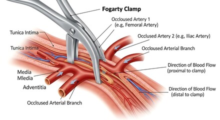 Fogarty clamp occluding artery, showing blood flow direction and layers
