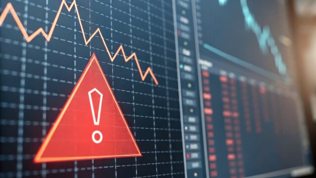 A stock market chart showing a downward trend with a red warning triangle, indicating potential financial risks or alerts.