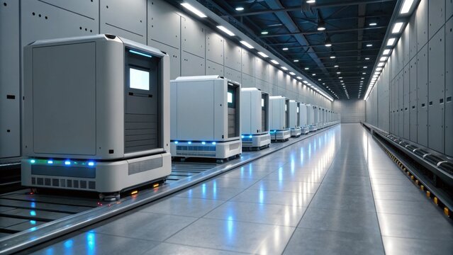 A futuristic corridor with robotic devices on a track, showcasing advanced technology in an automated environment.