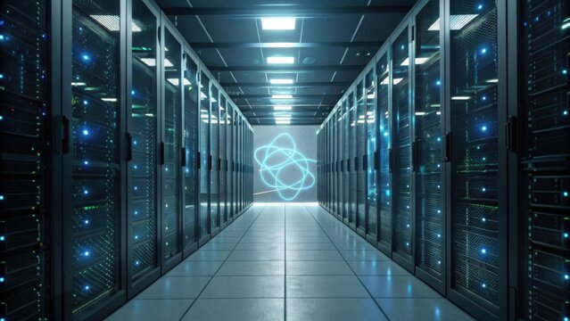 A modern data center featuring rows of servers illuminated by blue lights, creating a high-tech atmosphere.