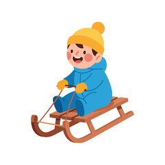 A happy cartoon boy in a blue snowsuit and yellow hat riding a wooden sled on a white background.