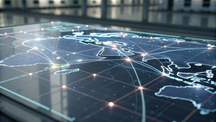 A digital map displaying interconnected pathways across Europe and Asia, highlighted with glowing lines and points, suggesting a network of data or transport.