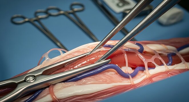 Close-up of surgical instruments dissecting human arm anatomy model - Powered by Adobe