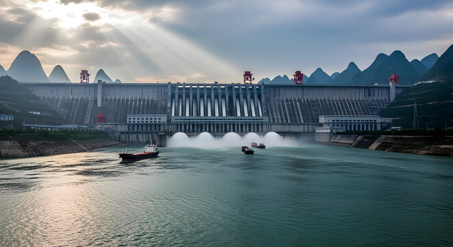 Majestic three gorges dam under dramatic sky with boats on river