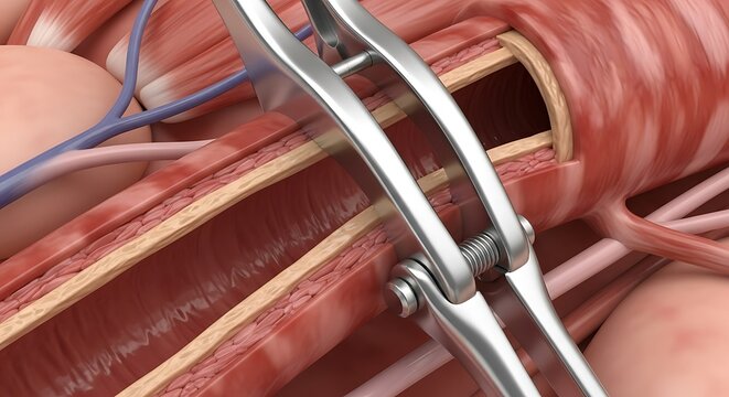 Close-up of artery clamp applied to a severed blood vessel in medical procedure