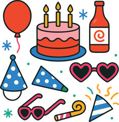 Vibrant Birthday Celebration Elements Flat Vector Party Icons on White