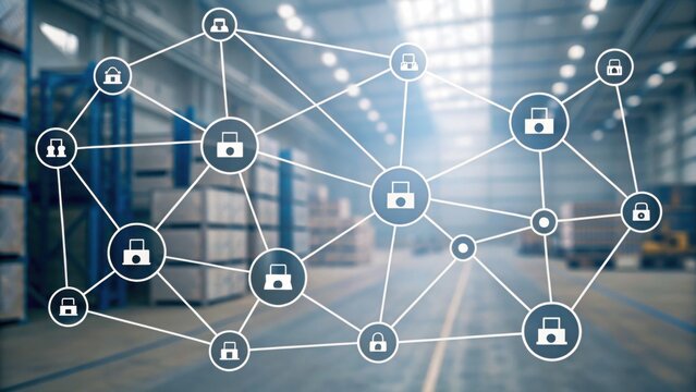 A network of interconnected nodes with padlocks, symbolizing security and protection in a warehouse environment.