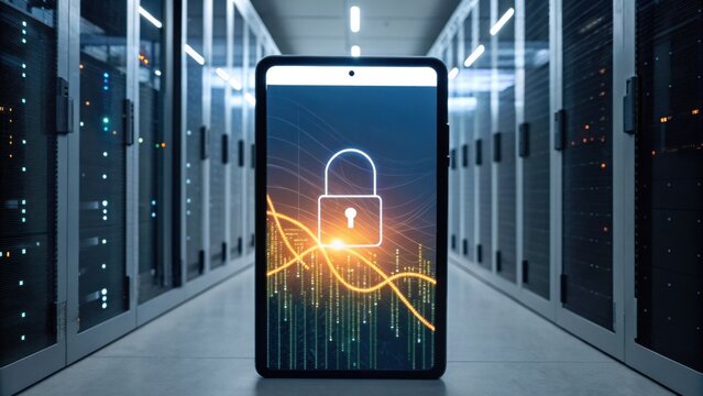 A digital tablet displays a lock symbol against a backdrop of data servers, symbolizing cybersecurity and data protection.