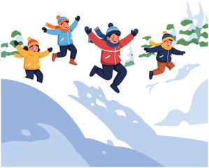 Four joyful children in winter clothing jumping and playing in the snow with trees in the background.