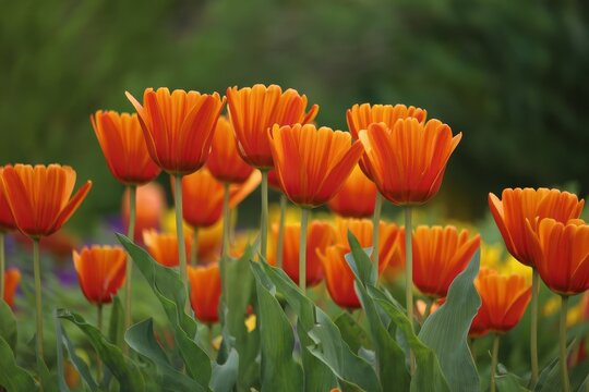 Vibrant Orange Tulips Blooming in a Lush Garden - Powered by Adobe