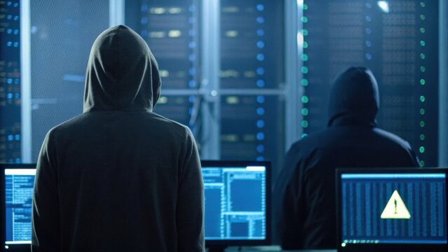 Two figures in hoodies stand before computer screens in a dimly lit server room, suggesting a clandestine or cyber-related activity.