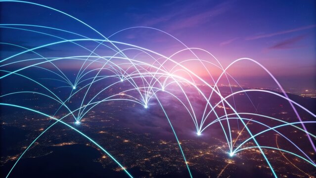 A digital representation of interconnected networks over a cityscape at dusk, illustrating global connectivity and data flow. - Powered by Adobe