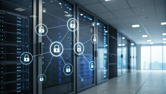 A modern data center with server racks and digital security icons representing network protection and cybersecurity. - Powered by Adobe