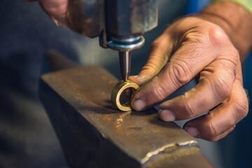 Goldsmith Working on Gold Ring with Punching Machine