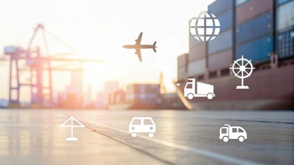 A digital illustration depicting various modes of transport overlaid on a shipping yard, illustrating logistics and global connectivity.